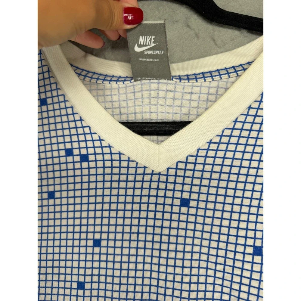 Nike Sportswear Mens 3XL V-Neck vintage T-Shirt Blue White Grid Nike Air Logo